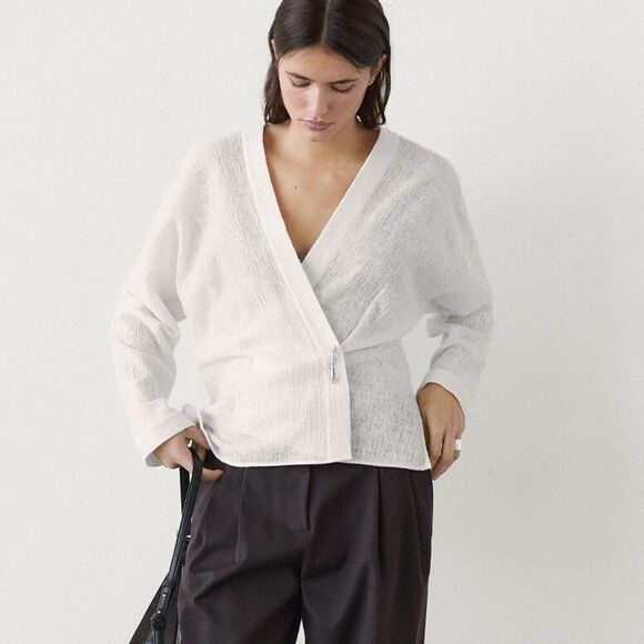 Massimo Dutti Women Shirt XS Cream Wool Cotton Surplice Neckline 5133/791 NWT - Picture 1 of 12